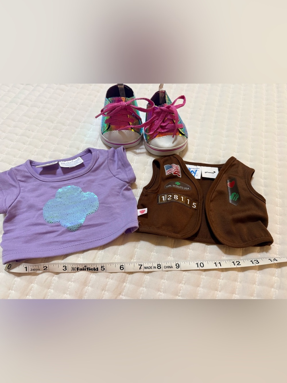 Girl Scouts Brown Vest with Purple Top and Iridescent Pink Sneakers
